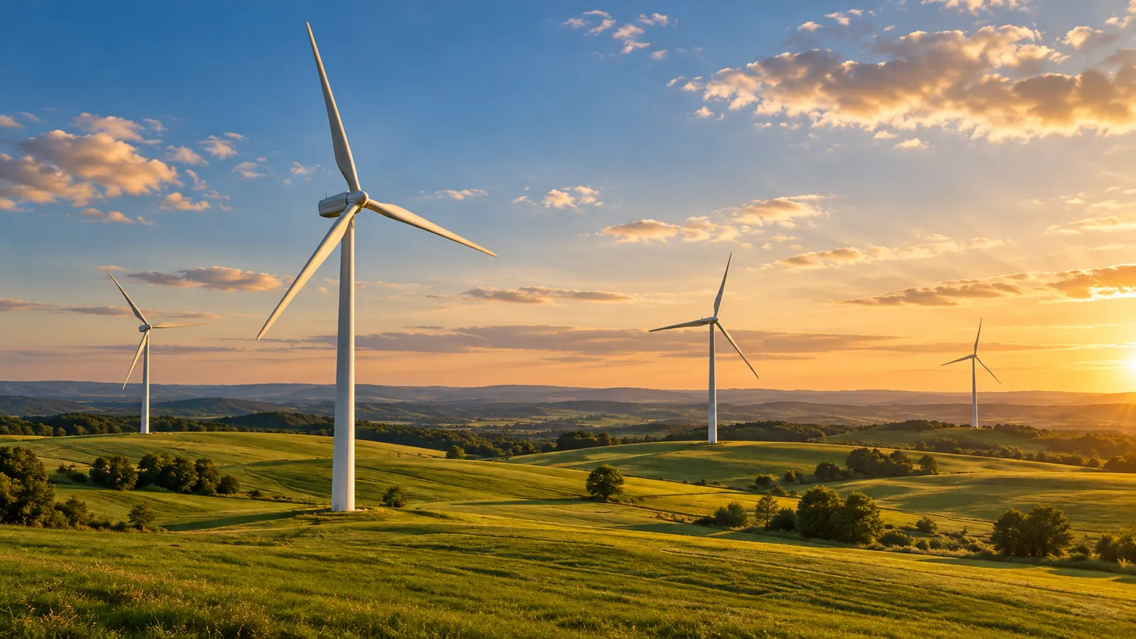 Parque eólico con aerogeneradores al atardecer