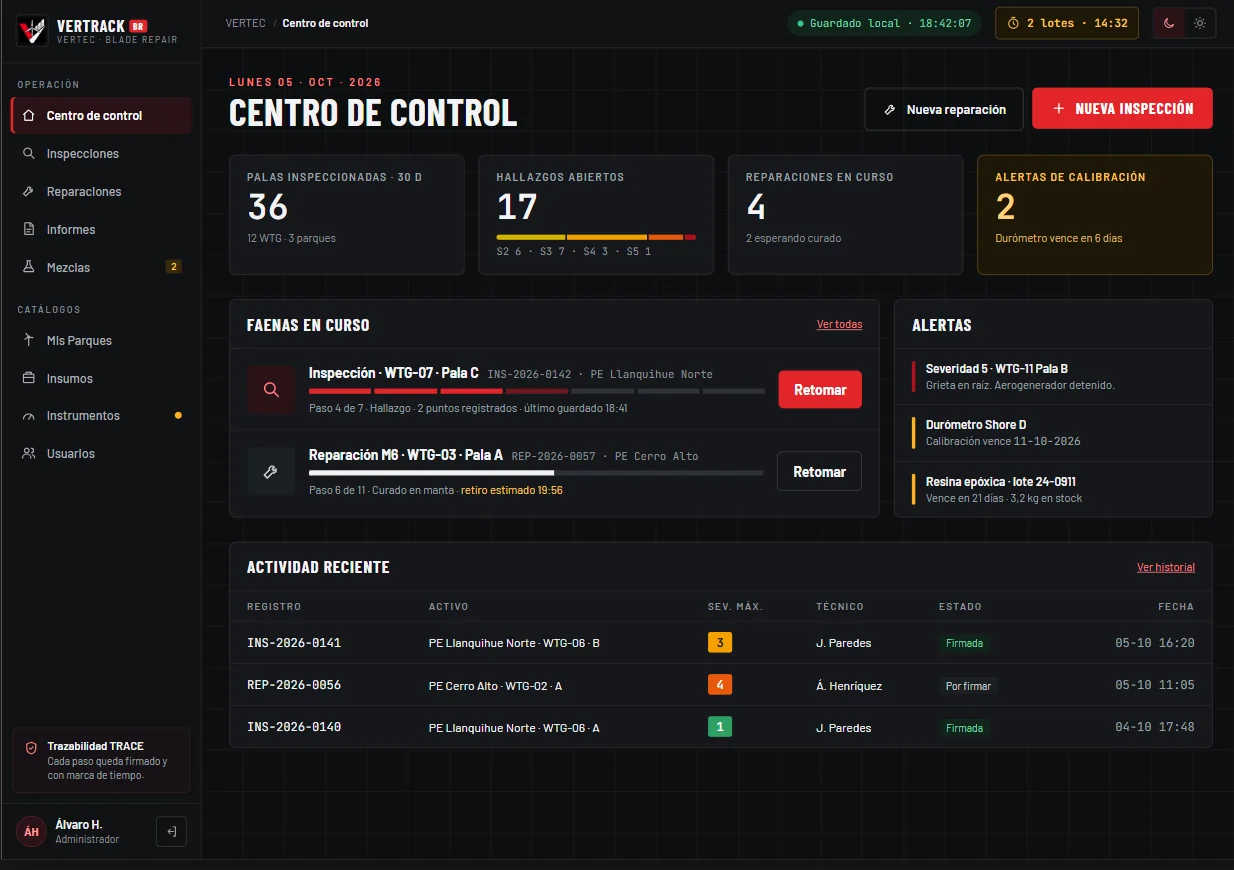 Centro de control de VERTRACK BR con inspecciones, reparaciones en curso y alertas