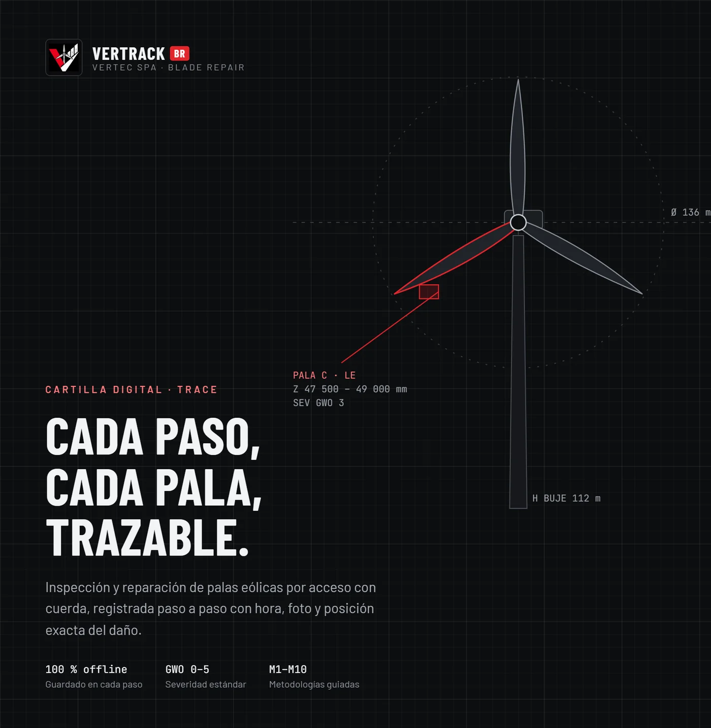 Pantalla de inicio de VERTRACK BR, cartilla digital de inspección y reparación de palas de VERTEC